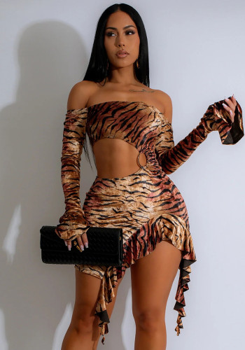 Women Sexy Off Shoulder Hollow Out Design Off Shoulder Leopard Print Long Sleeve Dress