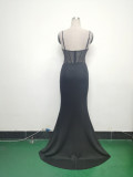 Women fishbone Fitted Mesh Beaded Bodycon fishtail evening dress