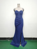 Fishbone Slim Waist Solid Color Satin Evening Dress