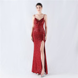 Women sequined sexy split sling evening dress