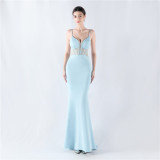 Women fishbone Fitted Mesh Beaded Bodycon fishtail evening dress