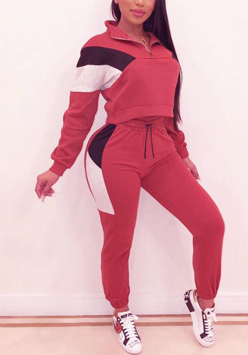 Plus Size Women Long Sleeve Colorblock Top and Pant Two Piece Set