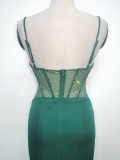 Women fishbone Fitted Mesh Beaded Bodycon fishtail evening dress