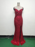 Women sequined sexy split sling evening dress