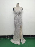 Women sequined sexy split sling evening dress