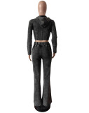 Women Washed Stretch Top and Slit Pants Two Piece Set