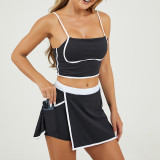 Women Colorblock Sports Vest Fitness Skirt Two Piece Set