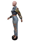 Women Printed Stretch Denim Jacket