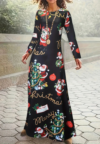 Christmas Women Santa Claus Print Round Neck Long-sleeved Dress