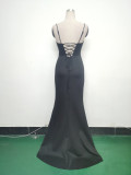 Fishbone Slim Waist Solid Color Satin Evening Dress