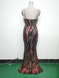 Women sequined striped color matching maxi evening dress
