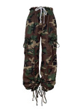 Women Camouflage Print Lace-Up Large Pocket Lantern Camouflage Pants
