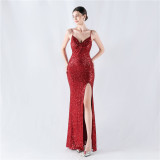 Women sequined sexy split sling evening dress