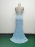 Women fishbone Fitted Mesh Beaded Bodycon fishtail evening dress