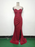 Fishbone Slim Waist Solid Color Satin Evening Dress