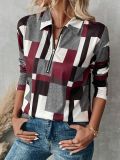 Women casual plaid patchwork print half zipper turndown collar long sleeve t-shirt