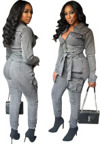 Women Tie Stretch Belt Denim Jumpsuit