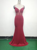 Women fishbone Fitted Mesh Beaded Bodycon fishtail evening dress