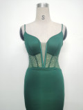Women fishbone Fitted Mesh Beaded Bodycon fishtail evening dress