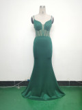Women fishbone Fitted Mesh Beaded Bodycon fishtail evening dress