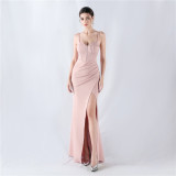 Fishbone Slim Waist Solid Color Satin Evening Dress