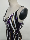 Women sequined striped color matching maxi evening dress