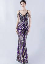 Women sequined striped color matching maxi evening dress Women sequined striped color matching maxi evening dress