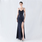 Women sequined sexy split sling evening dress