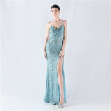 Women sequined sexy split sling evening dress