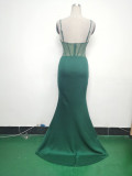 Women fishbone Fitted Mesh Beaded Bodycon fishtail evening dress