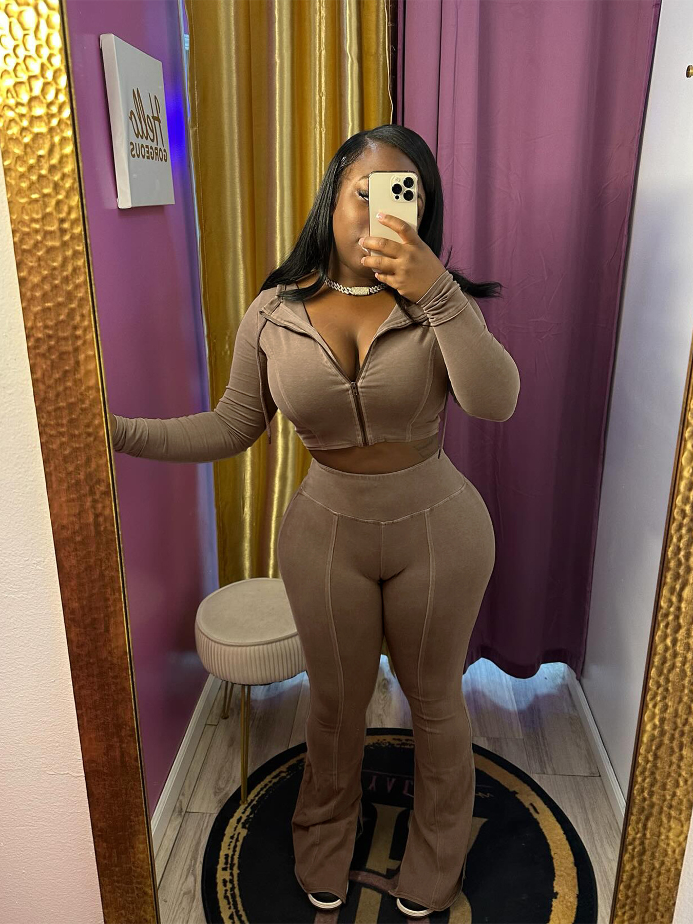 Women Washed Hooded Top and Bell Bottom PantTwo Piece Set