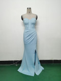 Fishbone Slim Waist Solid Color Satin Evening Dress