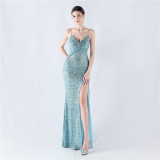 Women sequined sexy split sling evening dress