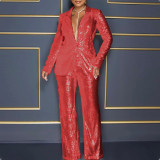 Women's Long Sleeve V-Neck Sequined Blazer Pants Two-Piece Set