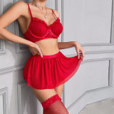 Red Mesh Multi-Layer Lace Patchwork Sexy Lingerie With Socks