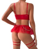 Sexy Lingerie Red Lace Metal Chain See-Through Mesh Tutu Skirt Four-Piece Set