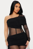 Fashion Slim Fit Sexy Solid Color Slim Waist One-Shoulder Long Sleeve Patchwork Jumpsuit