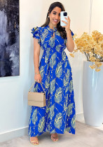 Ruffle Short Sleeve Slim Waist Chic Long Dress