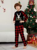 Family Christmas Parent-Child Outfit Home Clothes Round Neck Red And Black Plaid Deer Print Long Sleeve Pajamas