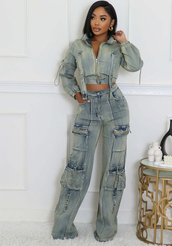Women's Fashion Sexy Multi-Pocket Washed Denim Casual Top Pants Two-Piece Set