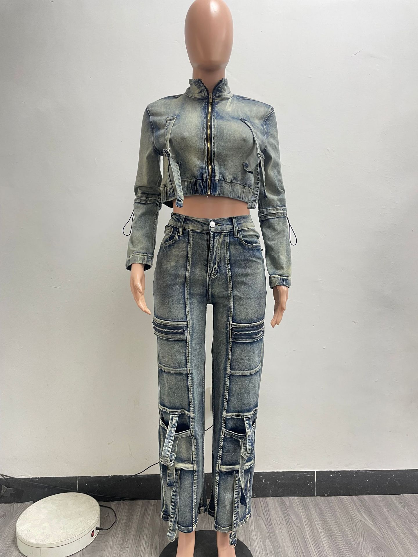 Women's Fashion Sexy Multi-Pocket Washed Denim Casual Top Pants Two-Piece Set