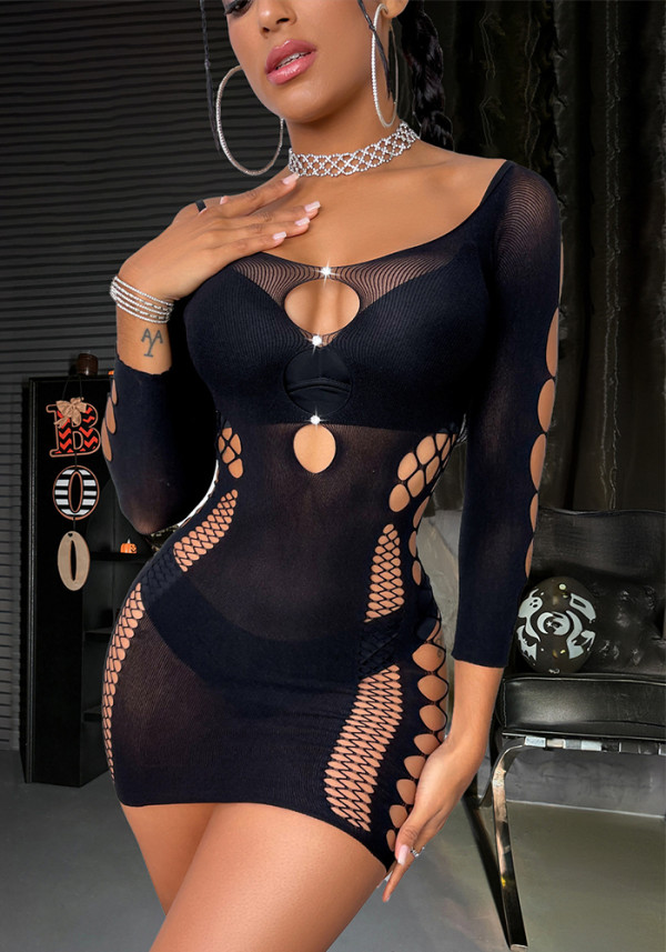 Sexy Beaded Lingerie Women's Bright Diamond Hollow Fishnet Tight Fitting Bodycon Night Dress