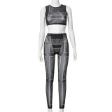 Fashion Summer Sexy See-Through Sleeveless Vest Butt Lift Basic Pants Two Piece Set