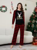 Family Christmas Parent-Child Outfit Home Clothes Round Neck Red And Black Plaid Deer Print Long Sleeve Pajamas
