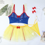 Blue Contrast Mesh Yellow See-Through Sexy Lingerie Hollow Fishnet Stockings Four-Piece Suit For Women