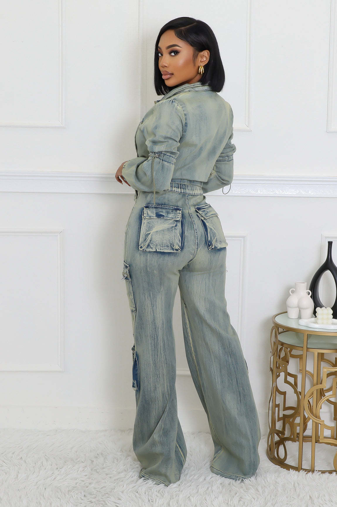 Women's Fashion Sexy Multi-Pocket Washed Denim Casual Top Pants Two-Piece Set