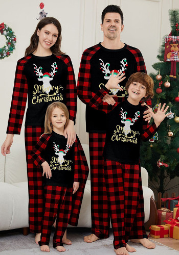 Family Christmas Parent-Child Outfit Home Clothes Round Neck Red And Black Plaid Deer Print Long Sleeve Pajamas