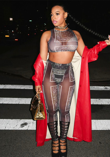 Fashion Summer Sexy See-Through Sleeveless Vest Butt Lift Basic Pants Two Piece Set