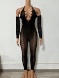 Solid Color Halter Neck Chain Sleeve Hollow See-Through Low Back Sexy Tight Fitting Jumpsuit