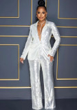 Women's Long Sleeve V-Neck Sequined Blazer Pants Two-Piece Set